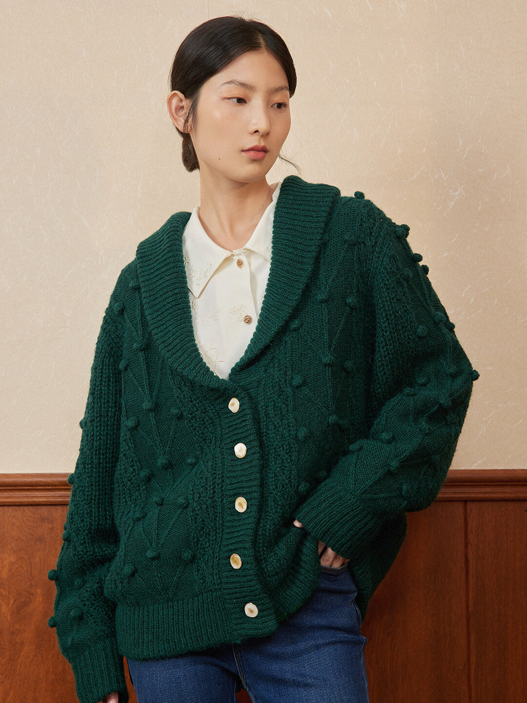 Nataly Cable Popcorn Chunky Green Knit Cardigan/Simple Retro/77017