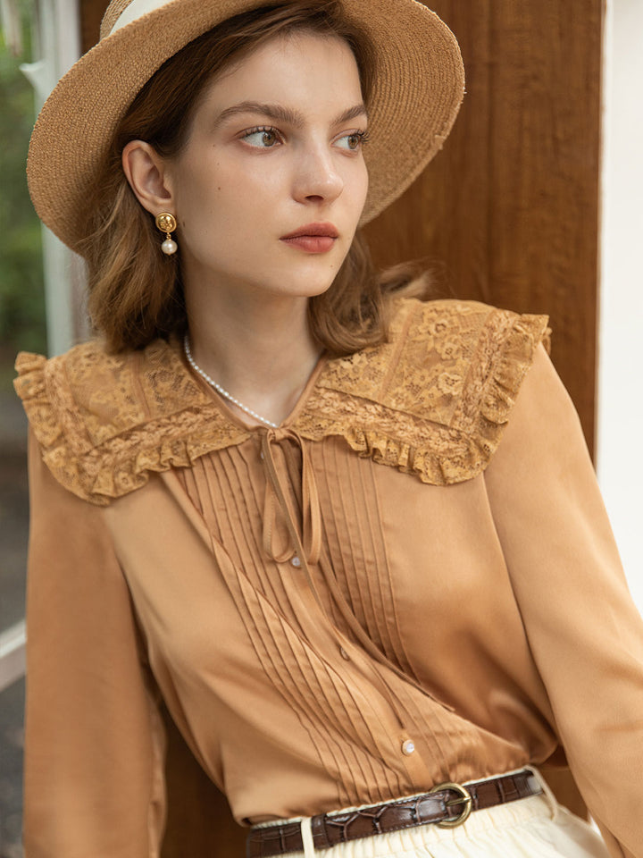 Kiara Satin Lace Doll Collar Blouse/Simple Retro/11247