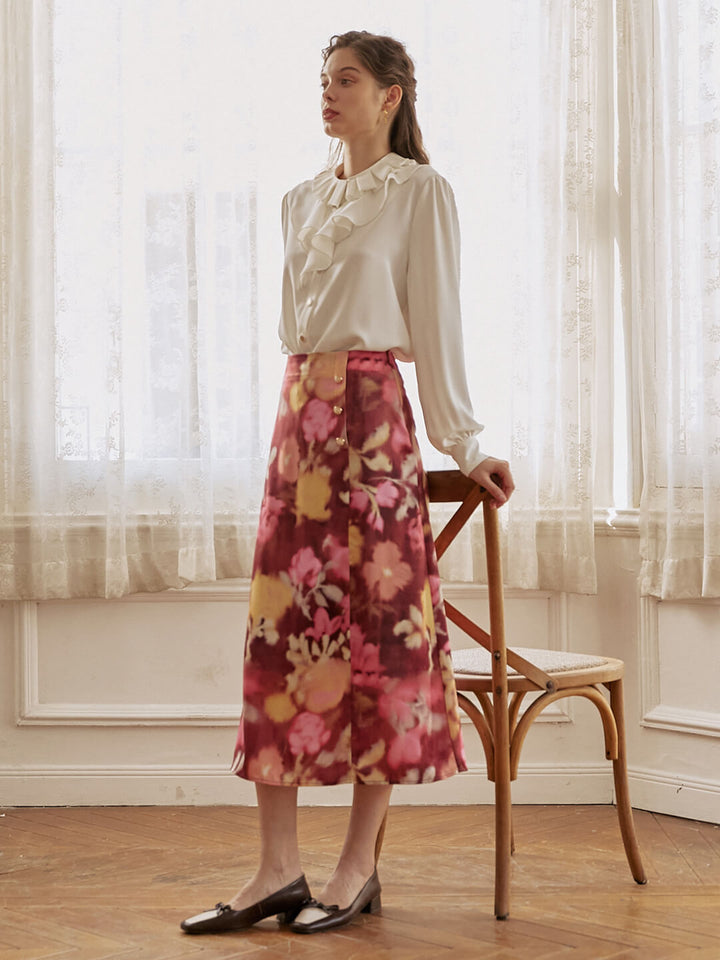 Aisha Satin Vintage Printed Midi Skirt/Simple Retro/77013