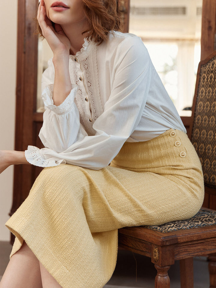 Meghan Vintage Yellow Midi Tweed Skirt/Simple Retro/22226
