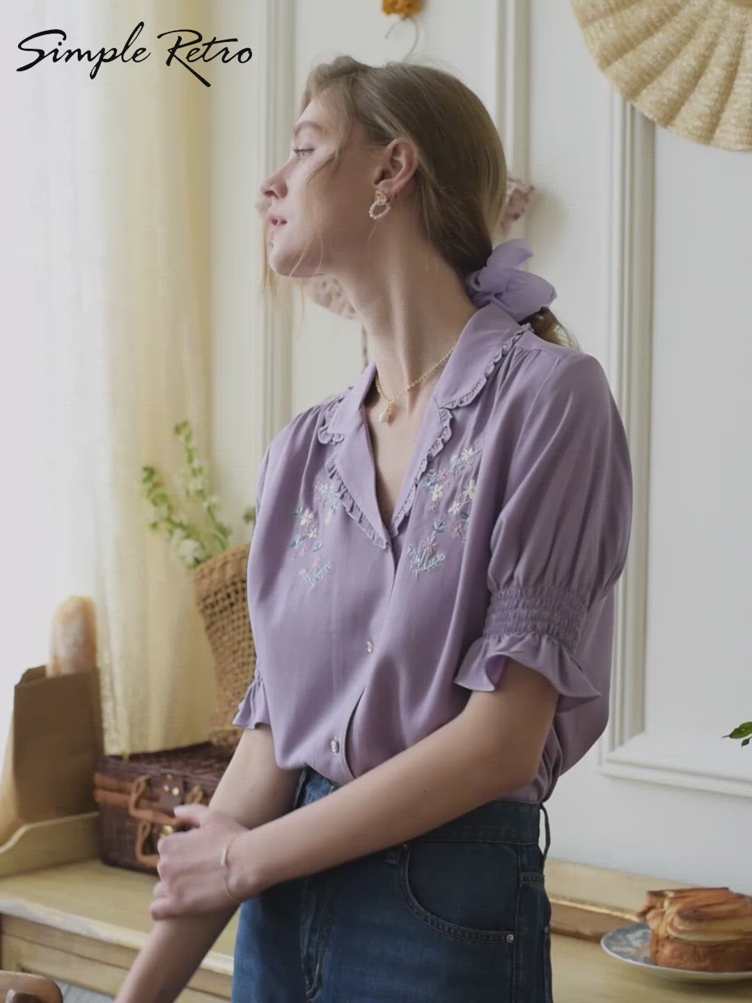 Alicia Floral Embroidery V-Neck Purple Blouse/SIMPLE RETRO