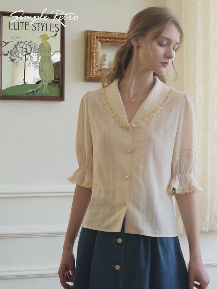 Loane V-neck Lace Orange Blouse/Simple Retro/66068