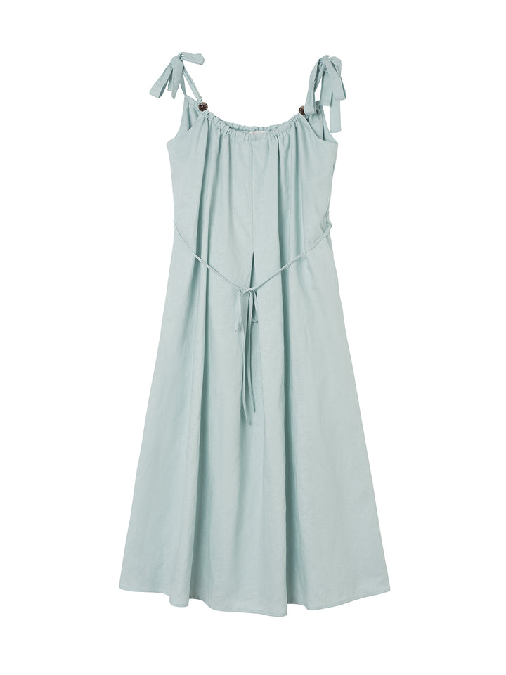 Yasmin Linen Blue Slip Dress/simple retro