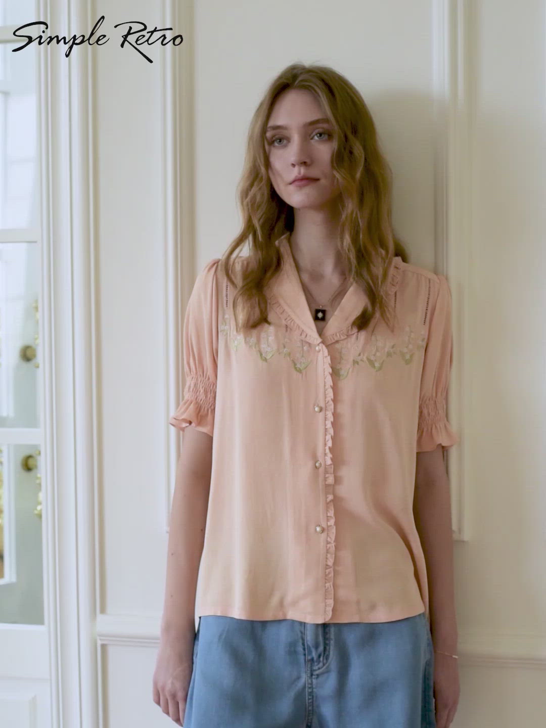 Convallaria Floral Embroidered Orange Puff Top/SIMPLE RETRO