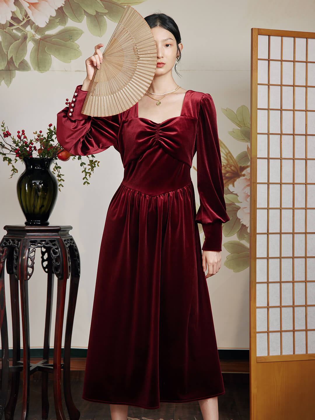 Imani Puff Sleeves Red Midi Velvet Dress/Simple Retro/11300
