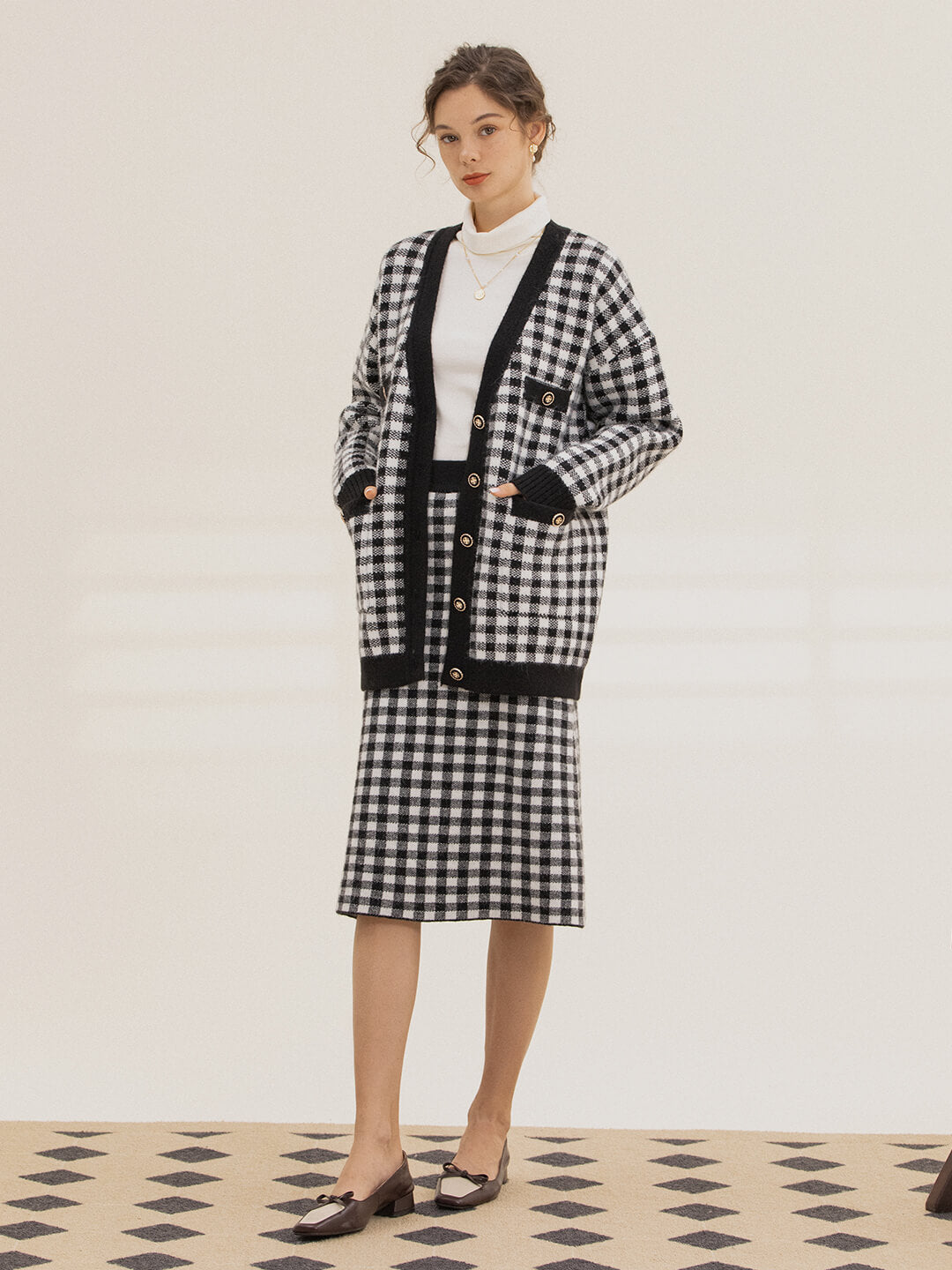 Ansley Checkerboard Knit Cardigan/Simple Retro/66014