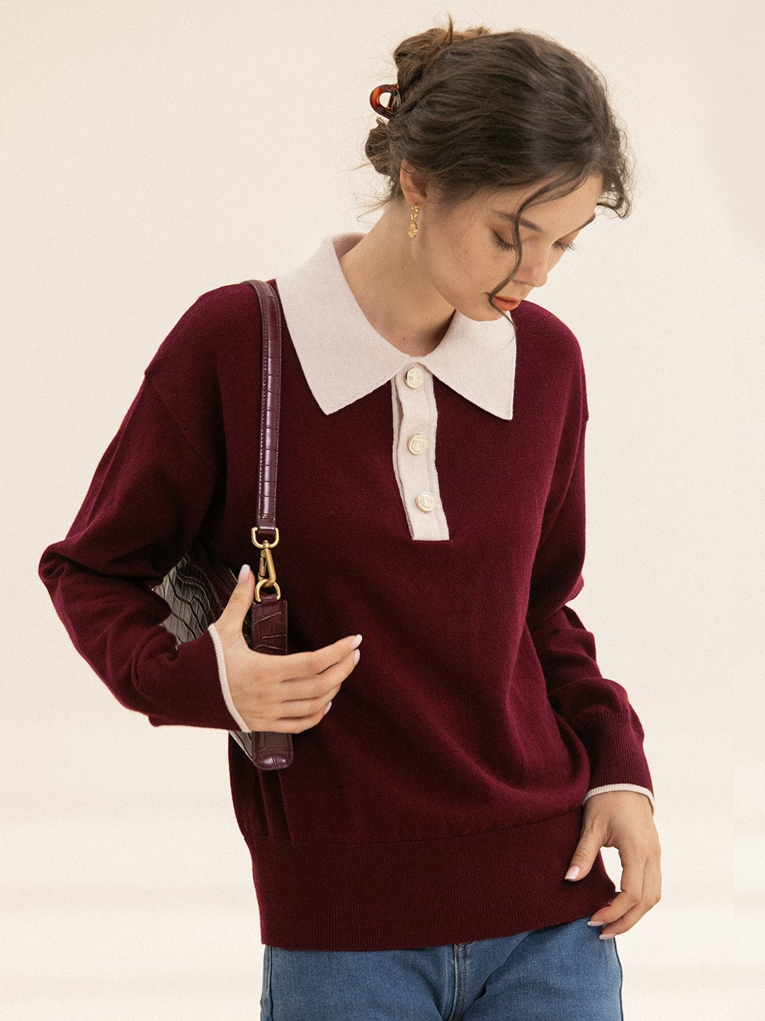 Selena Polo Contrast Collar 100% Wool Wine Red Knit Sweater/Simple Retro/11519