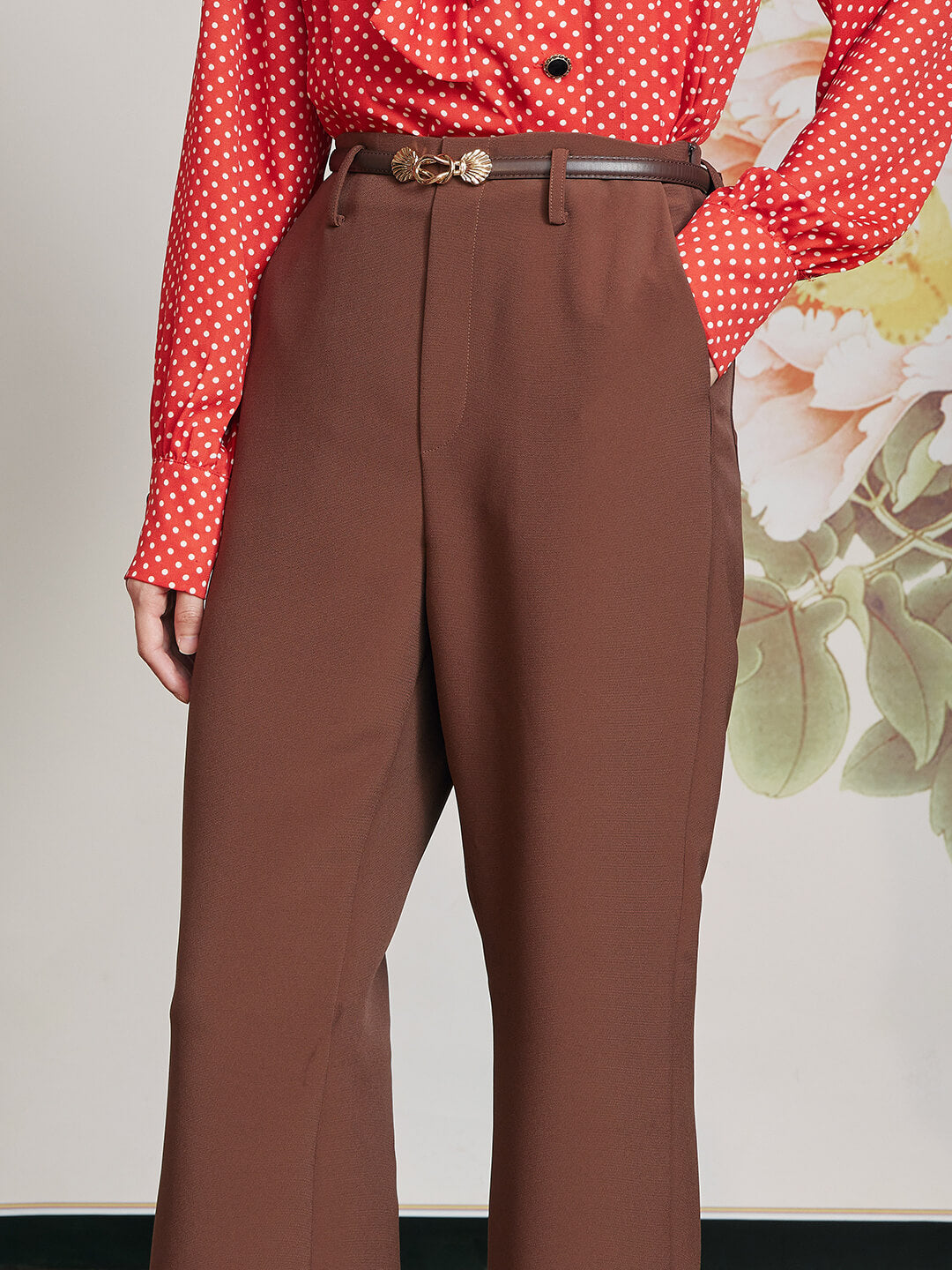 Novah High-waisted Bell-bottomed Caramel Trousers/Simple Retro/11306