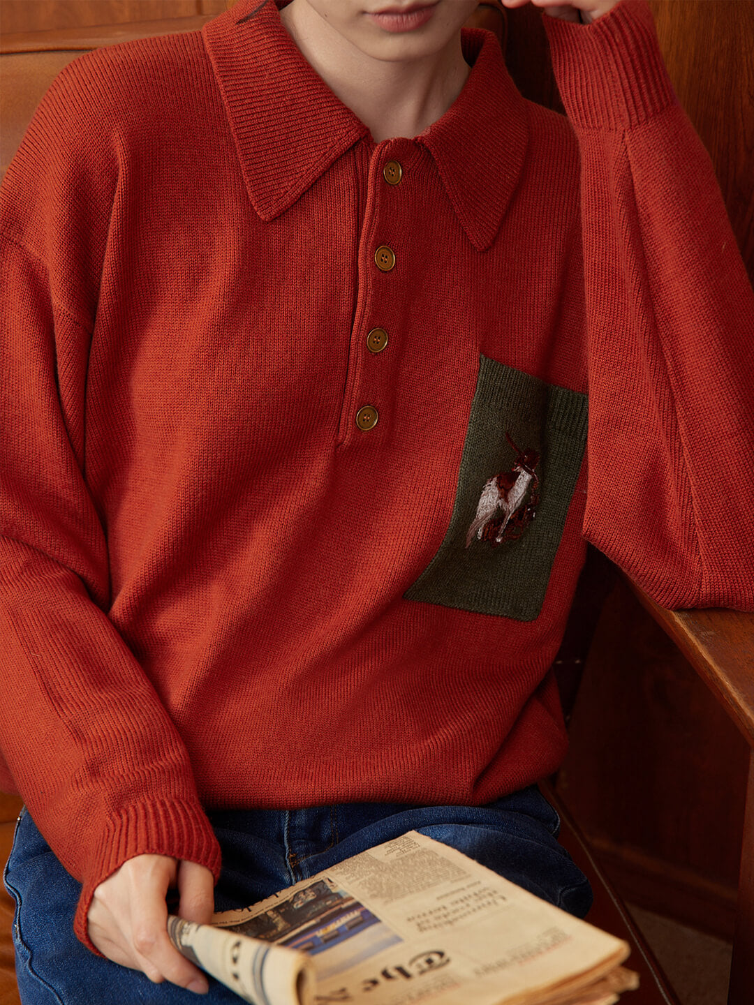 Raquel Polo Embroidery Christmas Red Knit Sweater/Simple Retro/55125