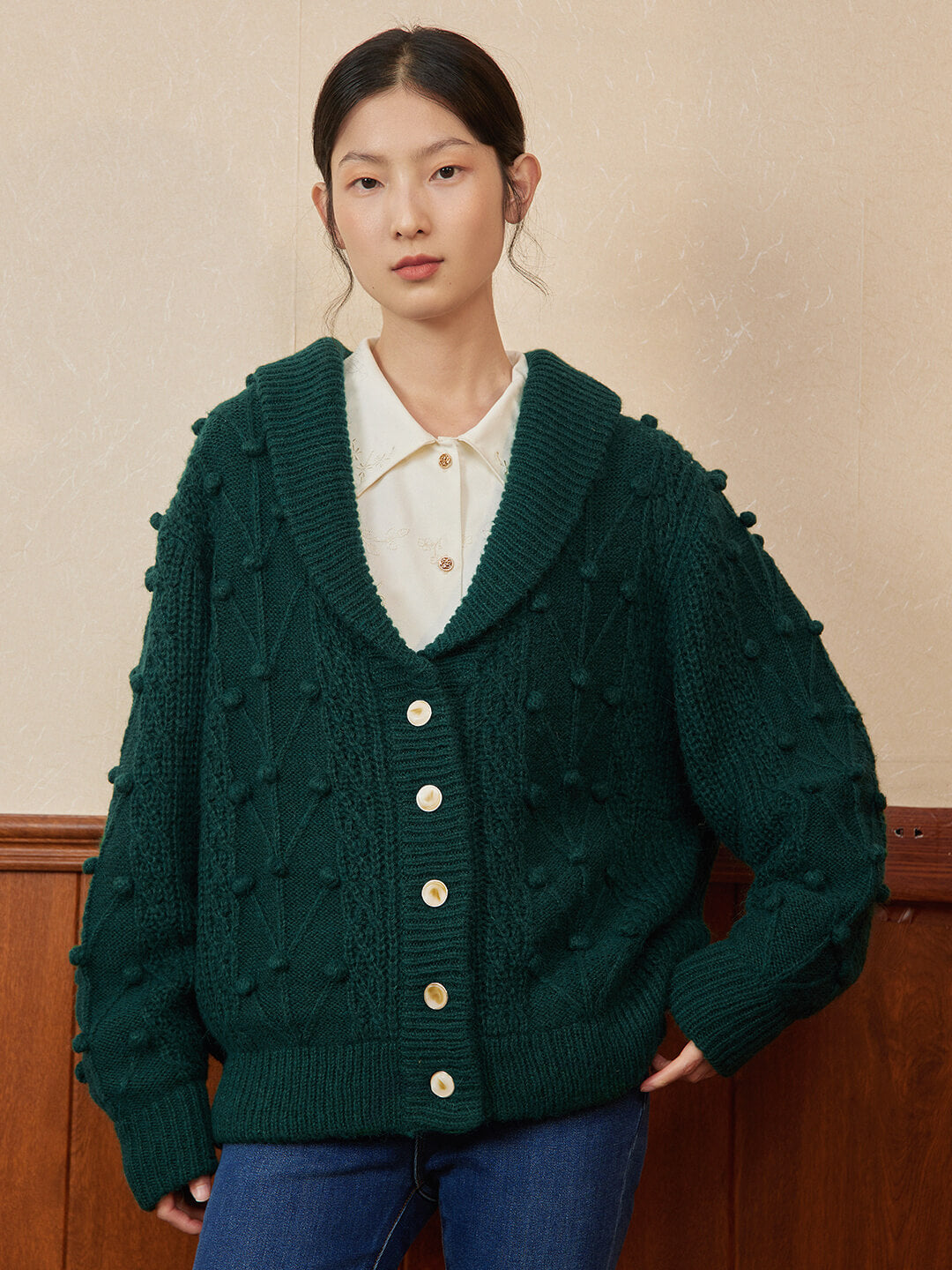 Nataly Cable Popcorn Chunky Green Knit Cardigan/Simple Retro/77017