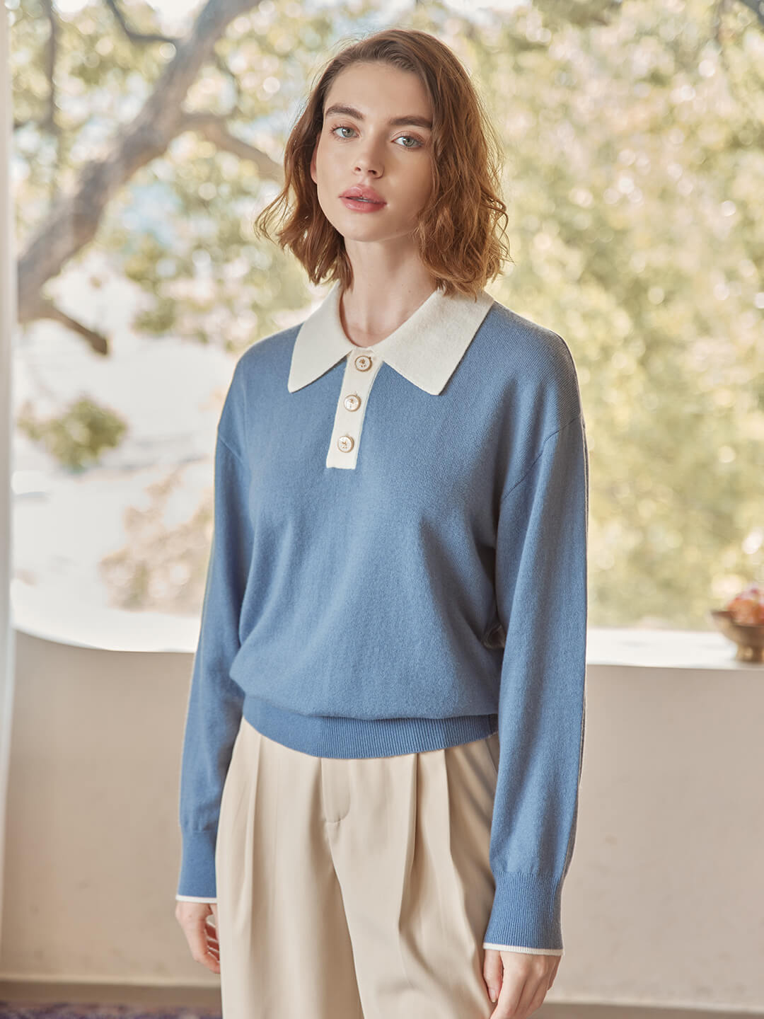 Selena Polo Contrast Collar 100% Wool Knit Sweater