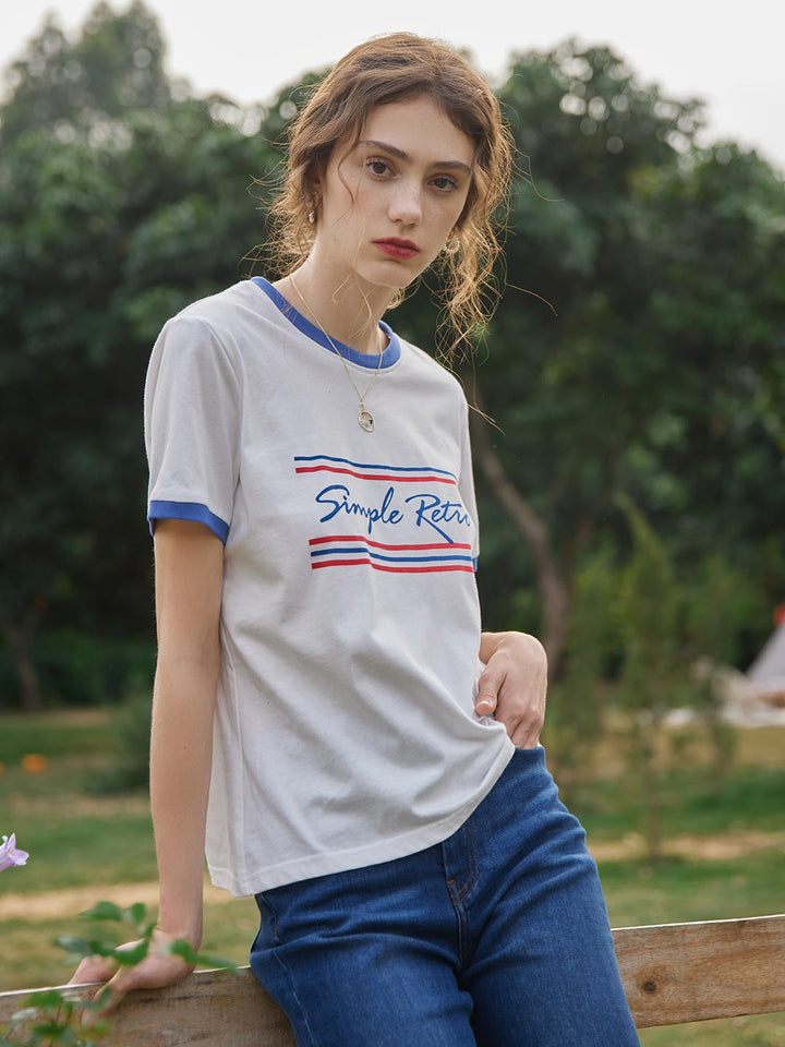 Maya Logo Printed Vintage T-Shirt/Simple Retro/1200046