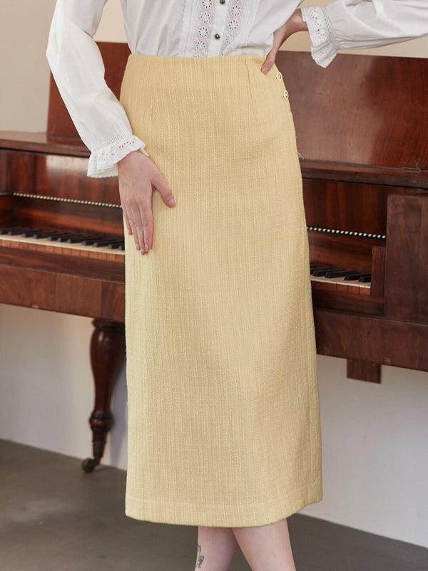 Meghan Vintage Yellow Midi Tweed Skirt/Simple Retro/22226