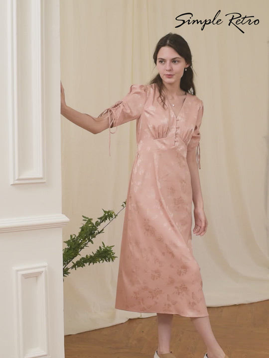 Kora Retro Floral Jacquard Pink Tea Length Dress/SIMPLE RETRO