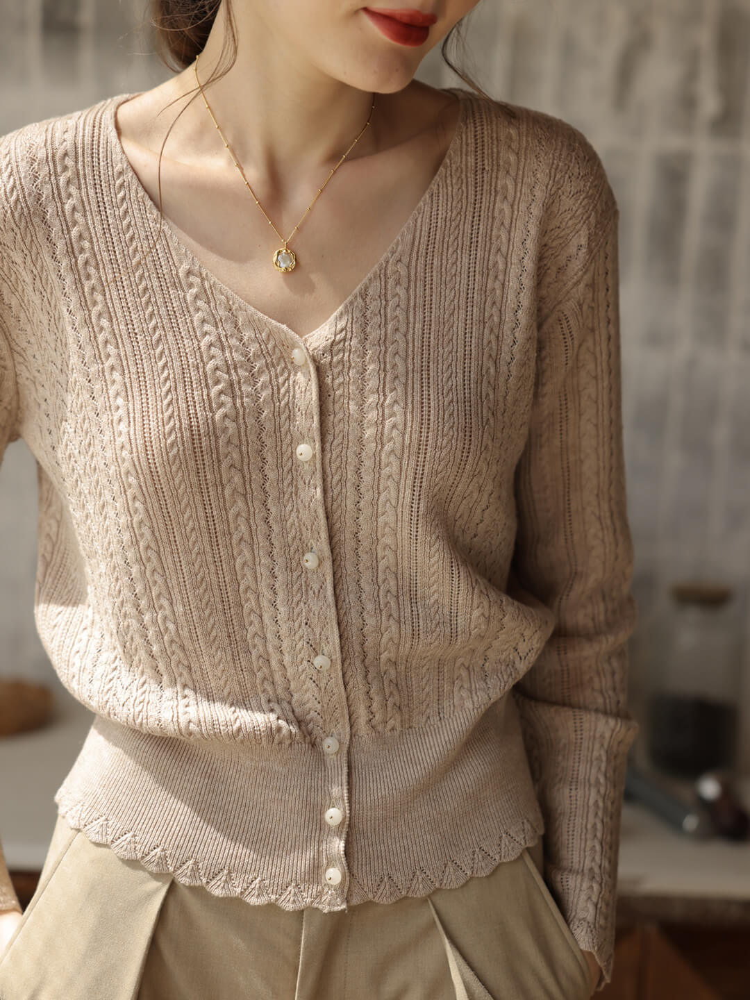 Emma Cable Camel Knit Cardigan/SIMPLERETRO