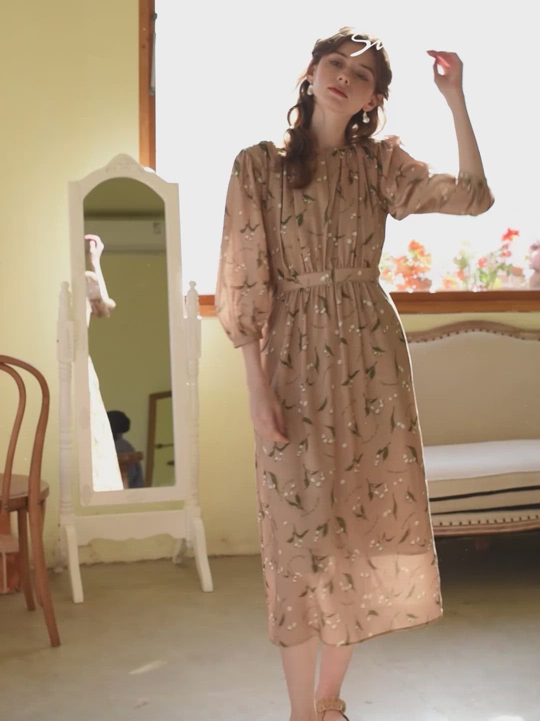 Convallaria Chowxiaodou Printed Khaki Midi Dress/Simple Retro/55181