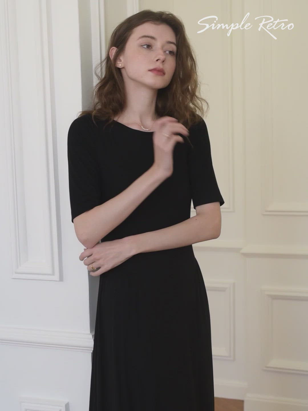 Joanna Back Lace-up Black Knitted Midi Dress/Simple Retro/55178