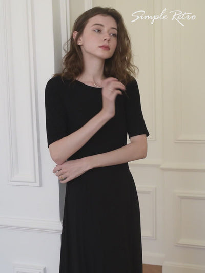 Joanna Back Lace-up Black Knitted Midi Dress/Simple Retro/55178