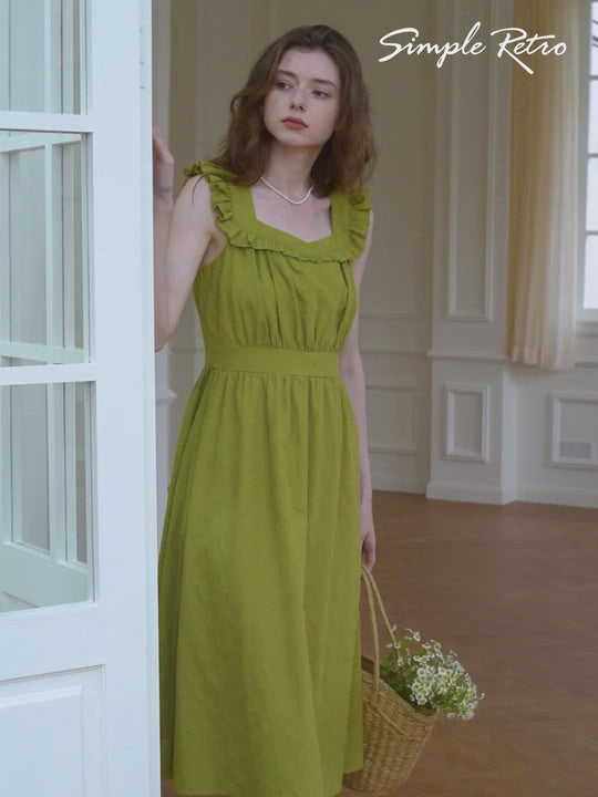 Amaris Embroidered Green Midi Slip Dress/Simple Retro/66055