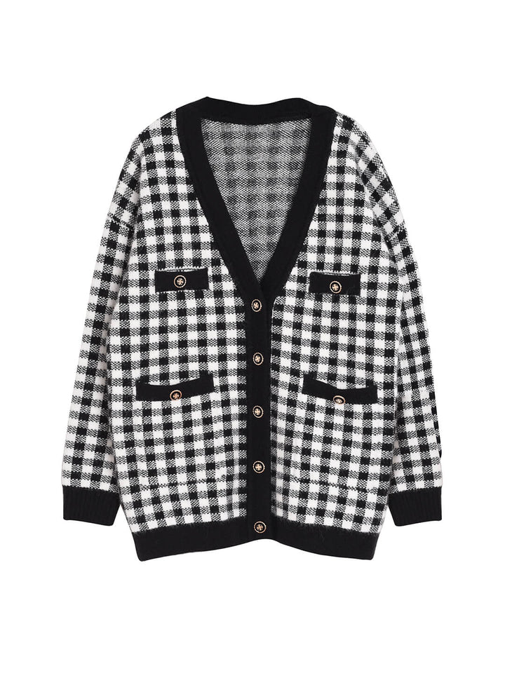 Ansley Checkerboard Black Knit Cardigan/Simple Retro/66014