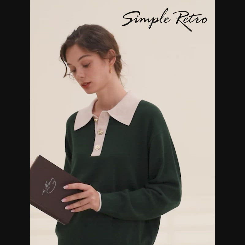 Selena Polo Contrast Collar 100% Wool Wine Red Knit Sweater/Simple Retro/11519