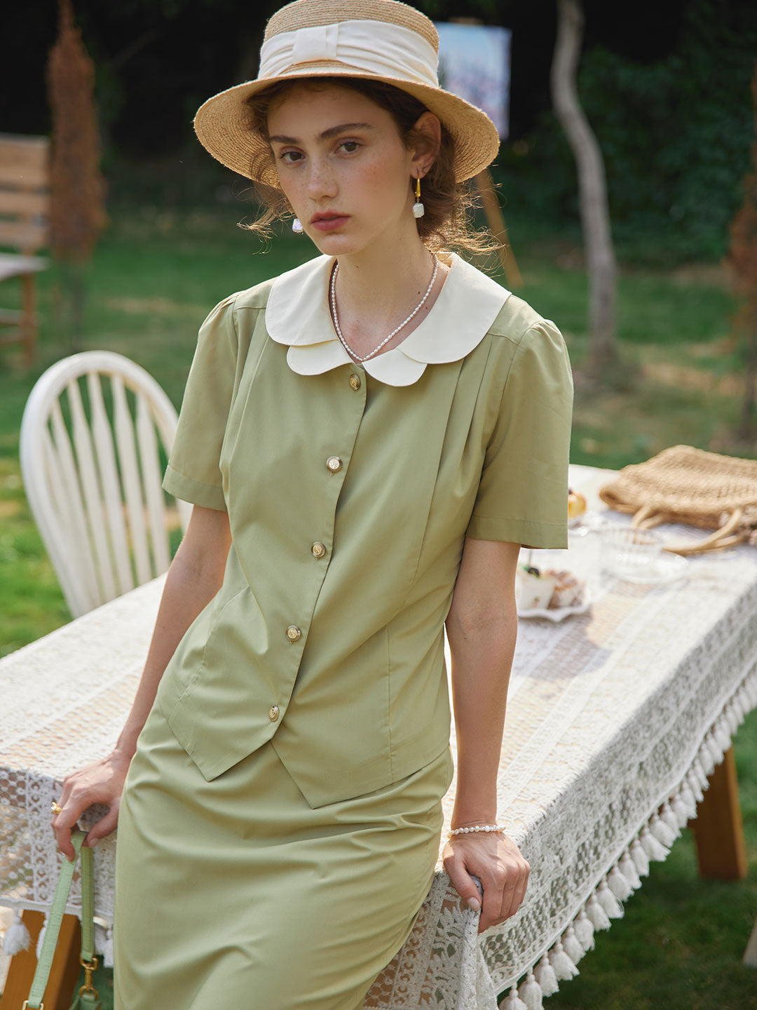 Kimura Patchwork Collar Blouse/Simple Retro/11235