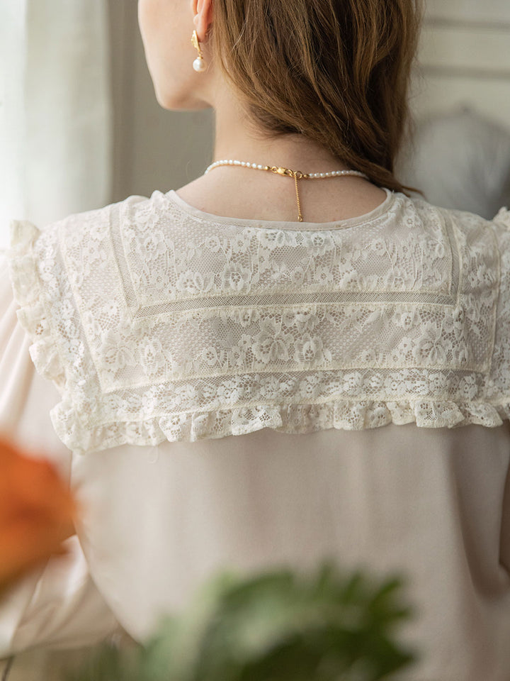 Kiara Satin Lace Doll Collar Blouse/Simple Retro/11247