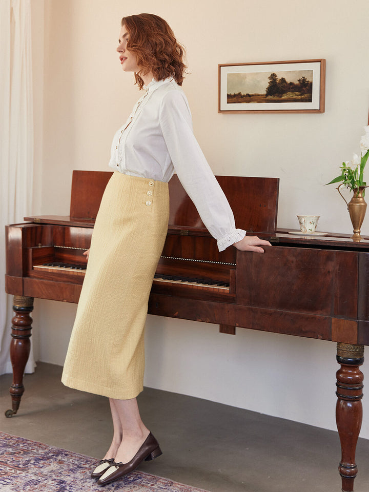 Meghan Vintage Yellow Midi Tweed Skirt/Simple Retro/22226
