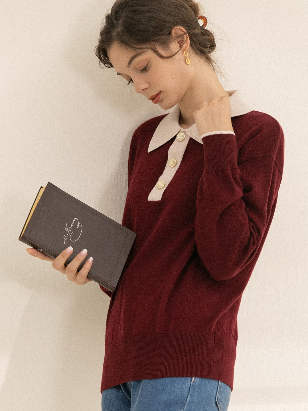 Selena Polo Contrast Collar 100% Wool Wine Red Knit Sweater/Simple Retro/11519