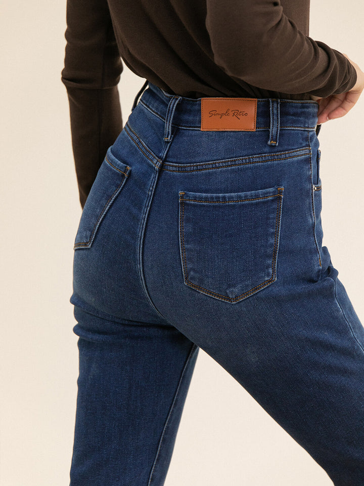 Jane High-waisted Skinny Blue Fleece Jeans/Simple Retro/66018