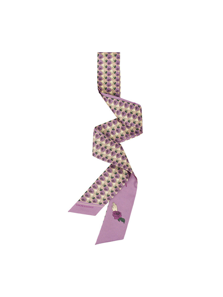 Chowxiaodou Rose Printed Twill Silk Mini Narrow Scarf/Simple Retro/40042