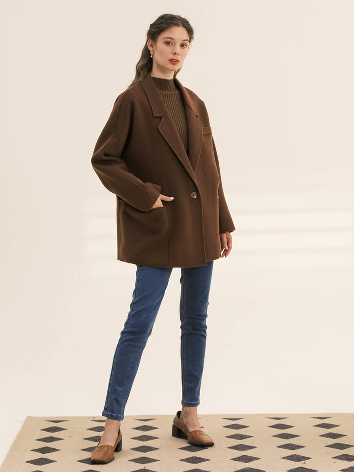 Emilia 100% Wool Coffee Double-faced Coat/Simple Retro/77055