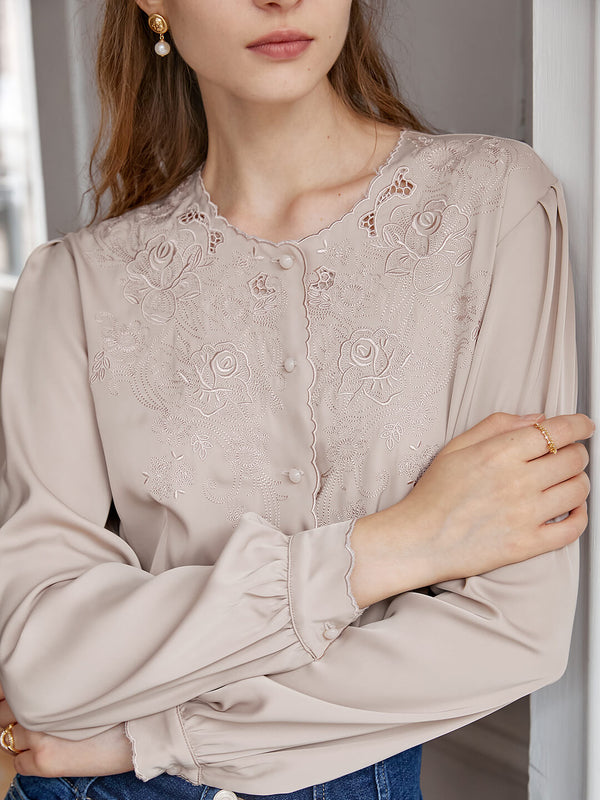 Gracie Round Collar Embroidery Blouse/Simple Retro/22211