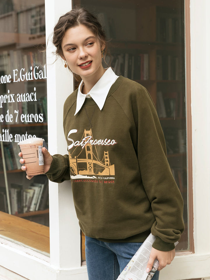 Lola Graphic Embroidery Crewneck Green Fleece Sweatshirt/Simple Retro/55152