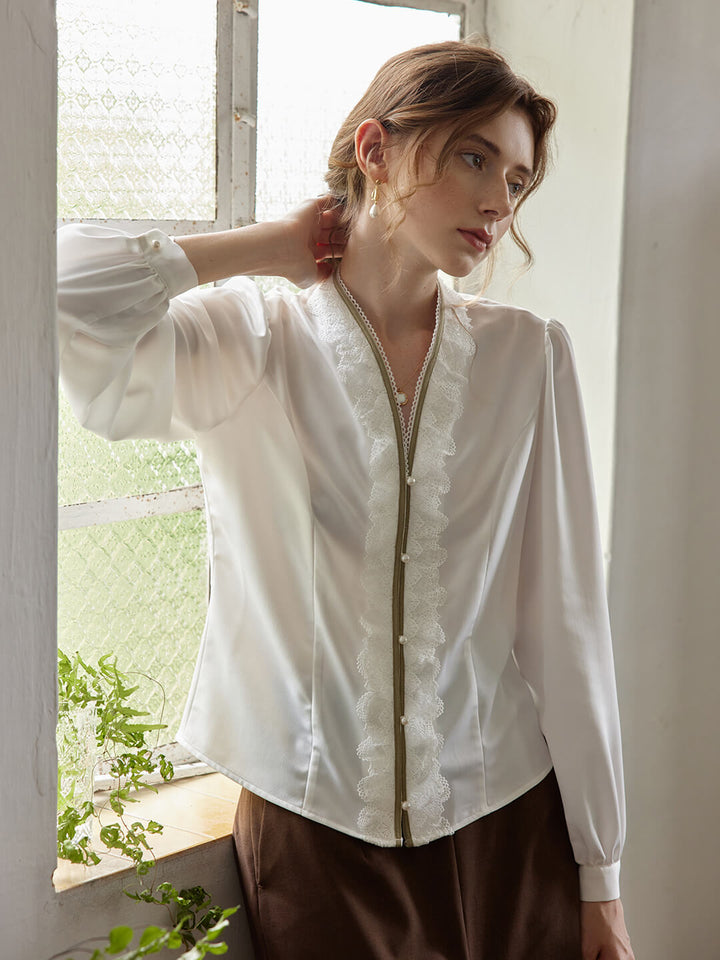 Amanda Vintage Style Ruffle White Blouse/SIMPLERETRO