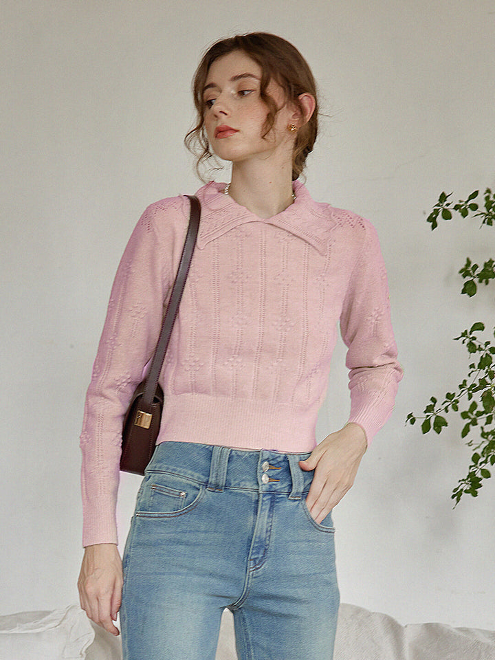 Jasmine Cable Polo Pink Knit Sweater/SIMPLERETRO