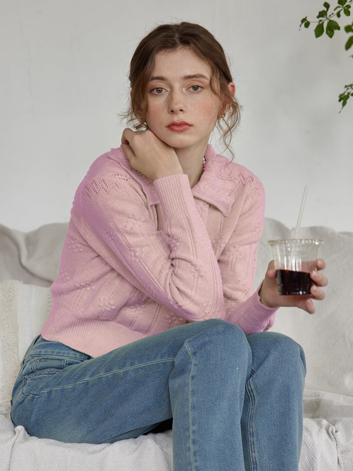 Jasmine Cable Polo Pink Knit Sweater/SIMPLERETRO