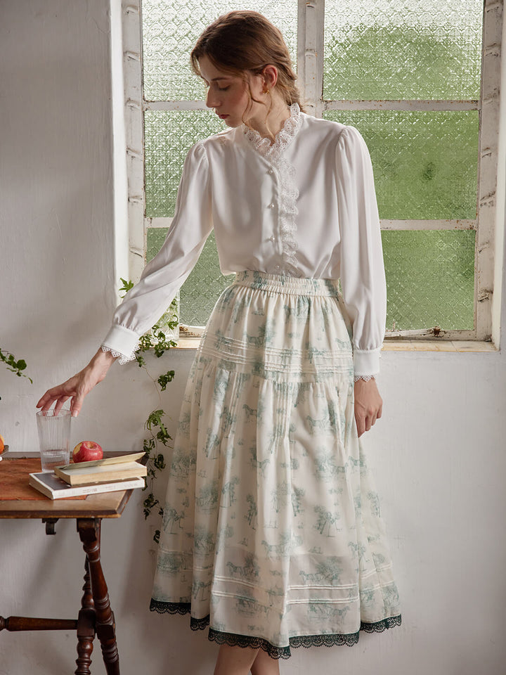 Anne Retro Printed White Midi Skirt/SIMPLERETRO