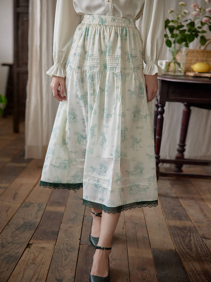 Anne Retro Printed White Midi Skirt/SIMPLERETRO