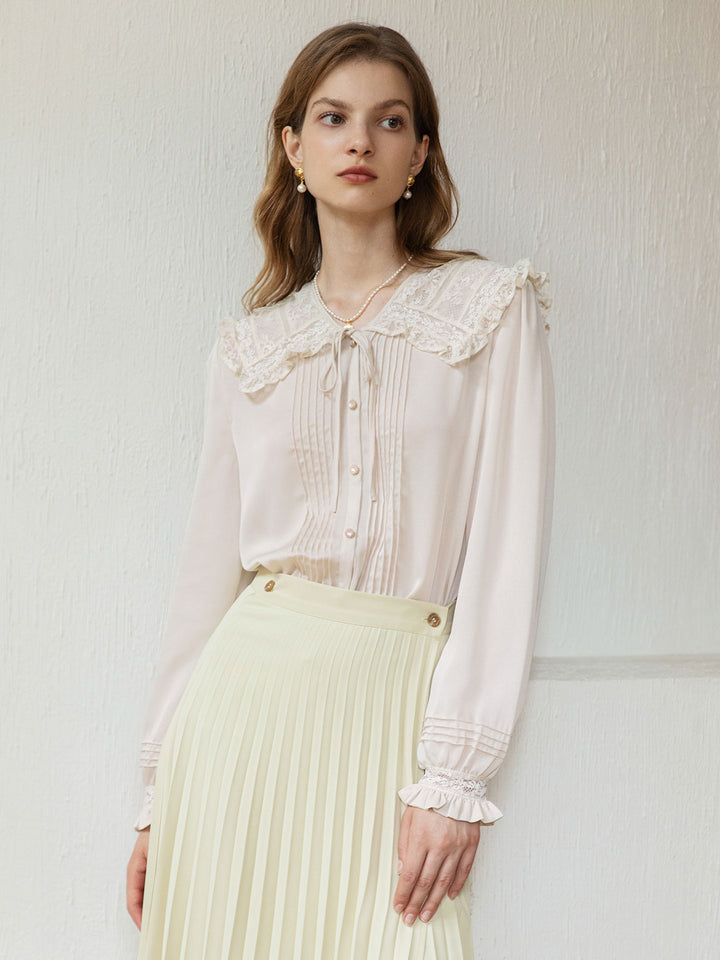 Kiara Satin Lace Doll Collar Blouse/Simple Retro/11247