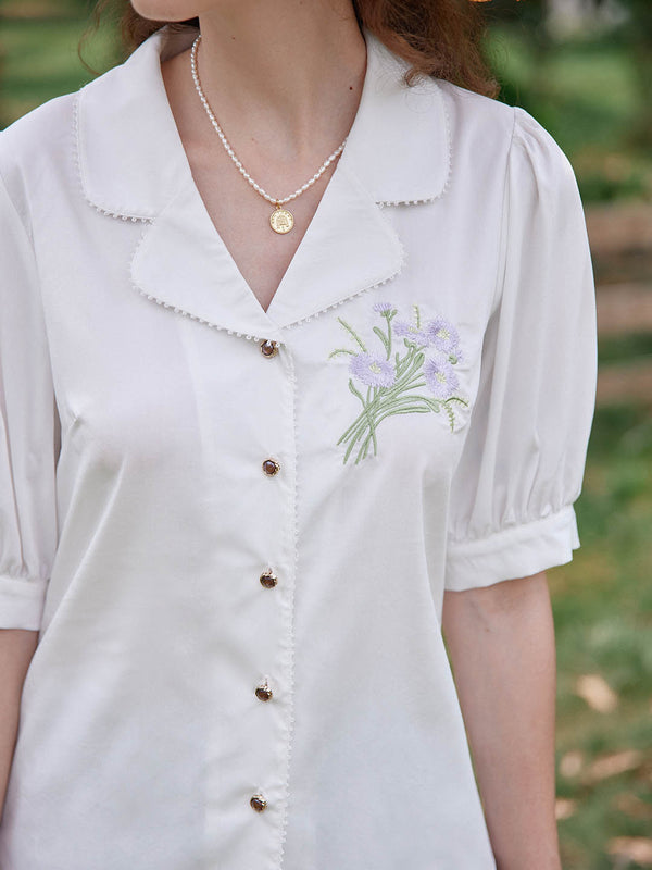 Ailie Modal V-Neck Embroidery Blouse/Simple Retro/22194