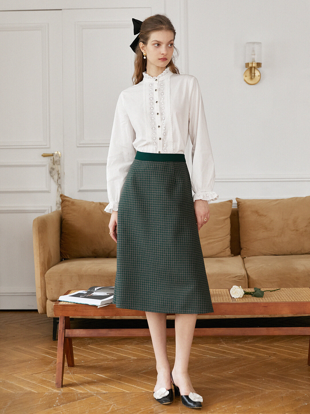 Raven Twill Houndstooth Midi Skirt/Simple Retro/22218