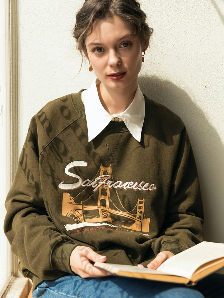Lola Graphic Embroidery Crewneck Green Fleece Sweatshirt/Simple Retro/55152