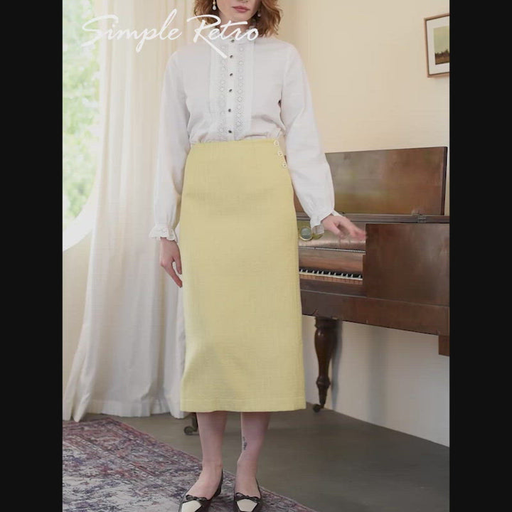 Meghan Vintage Yellow Midi Tweed Skirt/Simple Retro/22226