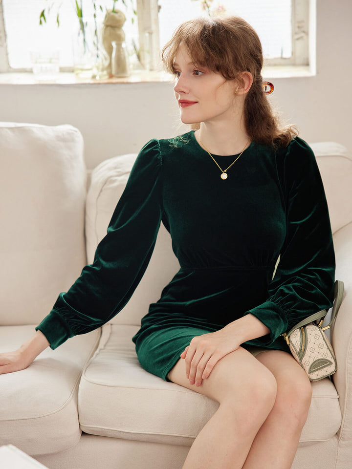 Sofia Puff Sleeve Green Velvet Dress/SIMPLERETRO