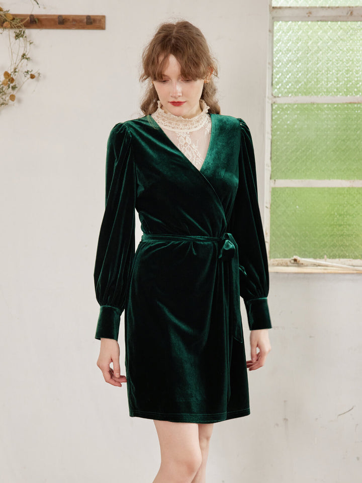 Sofia V-neck Green Velvet Wrap Dress/SIMPLERETRO