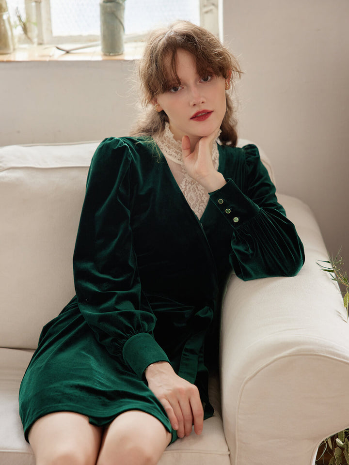 Sofia V-neck Green Velvet Wrap Dress/SIMPLERET