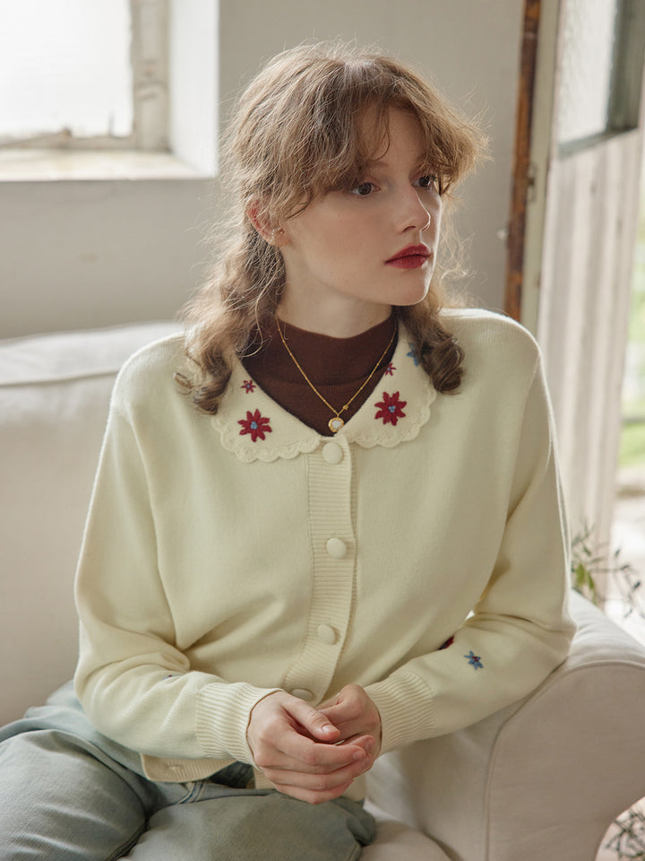 Grace Floral Embroidered Apricot Knit Cardigan/SIMPLERETRO