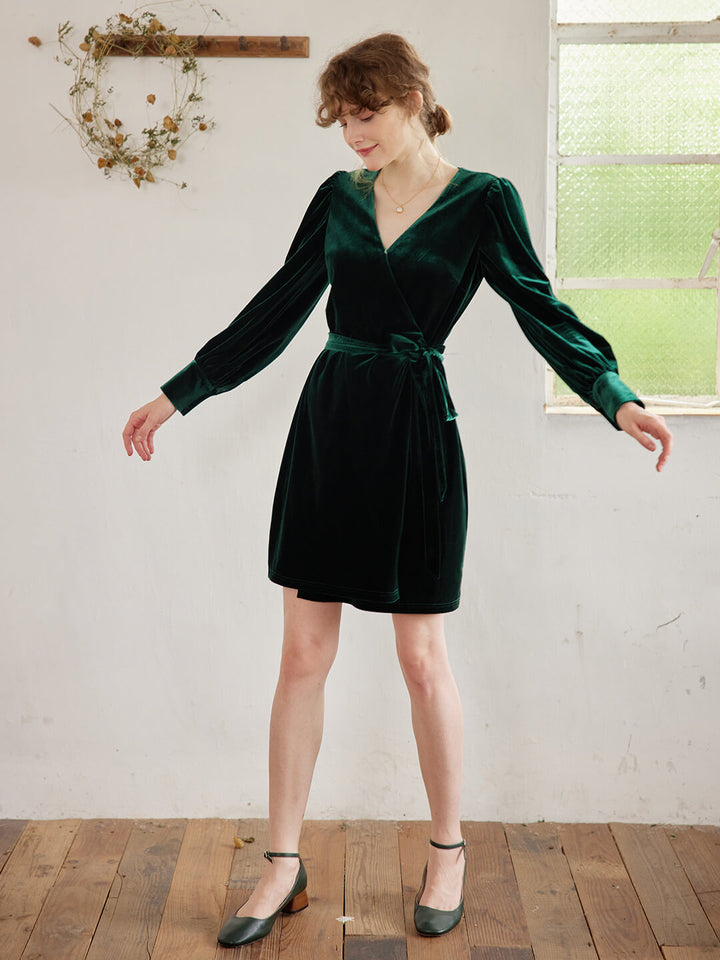 Sofia V-neck Green Velvet Wrap Dress/SIMPLERET