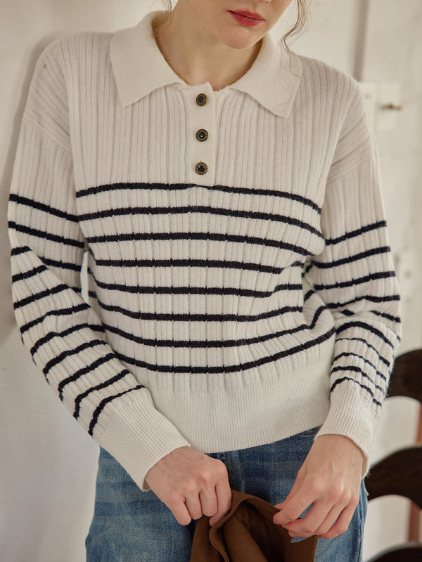 Davian Striped White Polo Knit Top/simple retro